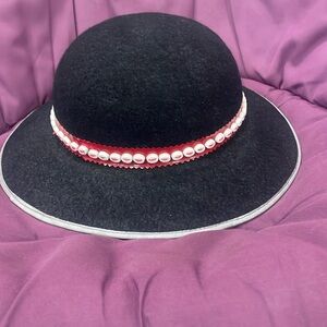 Women’s black women hat with red rim and white beads , (adult size )